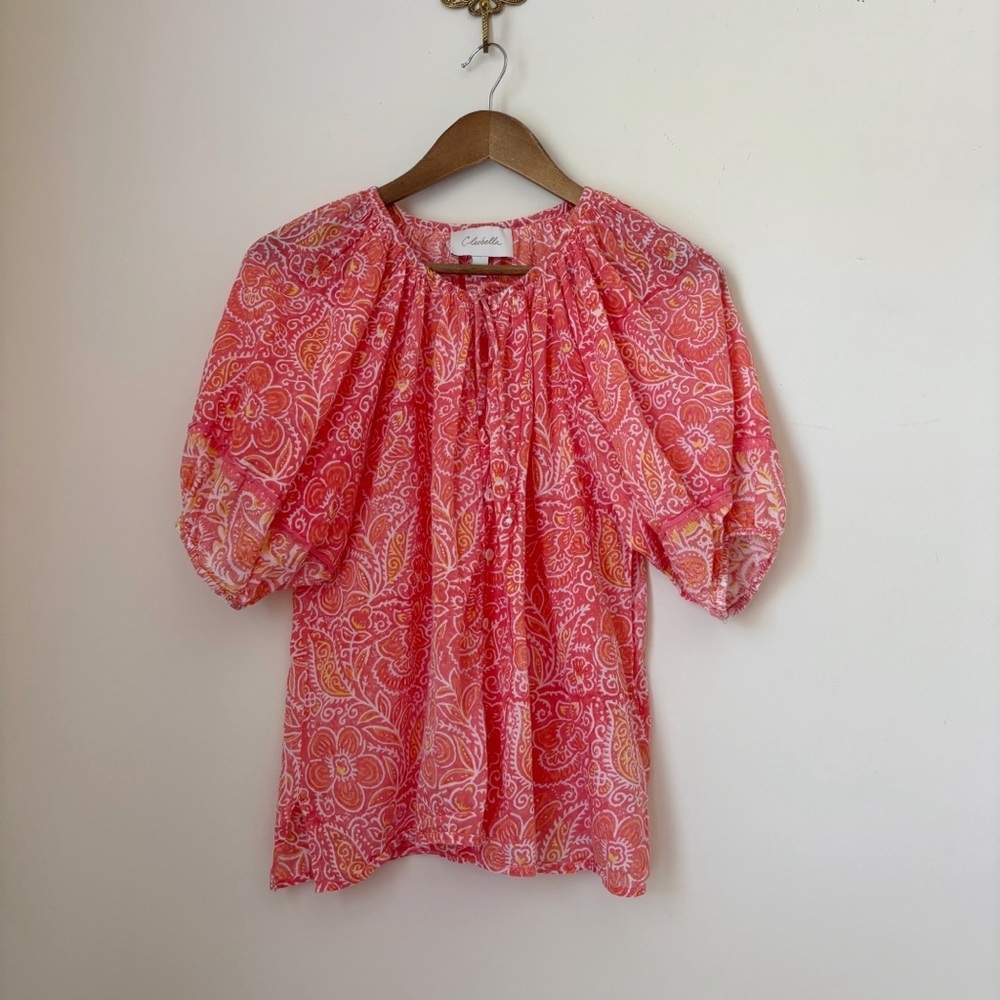 Cleobella Coral Blossom Block Print Blouse Medium Summer Boho - Picture 1 of 9